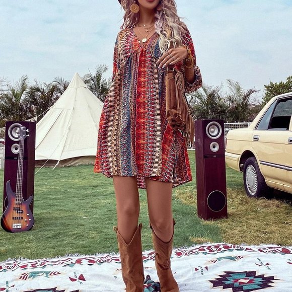 Red Boho Womens Geo Print Batwing Sleeve Smock Dress - Picture 4 of 5